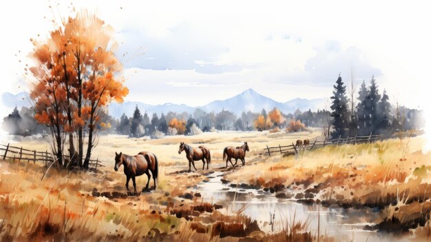 Detailed Watercolor Painting Of Horses Crossing A Creek