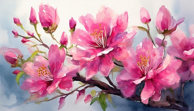 鮮やかなピンクの花の詳細な水彩画 手描きの植物学芸術 花の構成