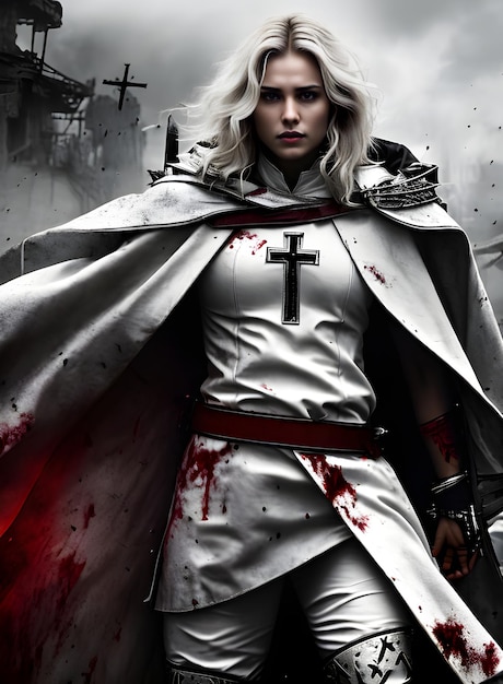 写真 血まみれの戦場で映画のような hdr ジェネレーティブ ai で生成された詳細な白衣を着た十字軍