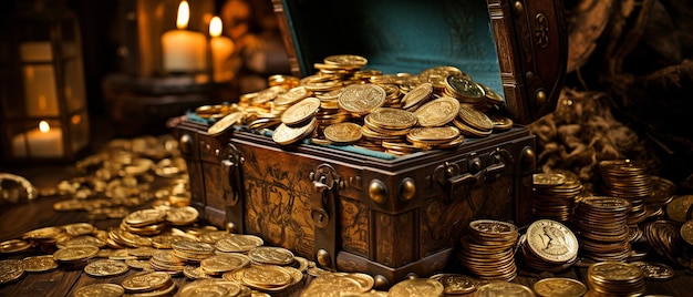 Детальный деревянный сундук с сокровищами, наполненный блестящими золотыми монетами xA