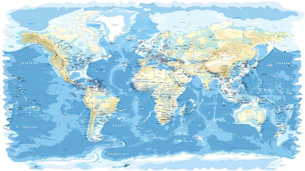 Foto una mappa del mondo dettagliata mostra le principali città, i fiumi e le catene montuose. la mappa è in una combinazione di colori blu e verde e ha un design moderno.