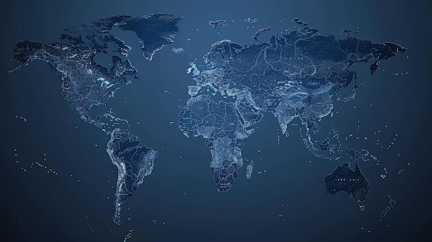 Photo a detailed world map with a glowing blue light effect the map has a dark background and the countries are outlined in a thin white line