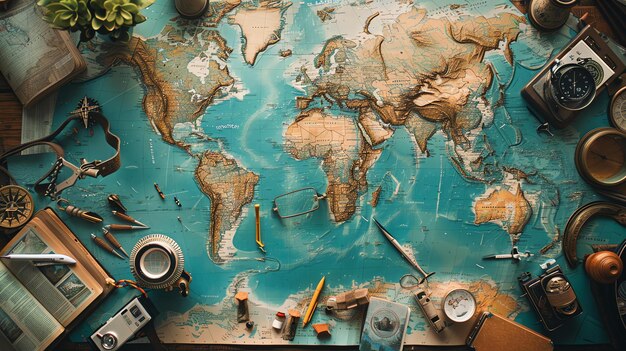 A detailed world map with a magnifying glass a compass and other travel items