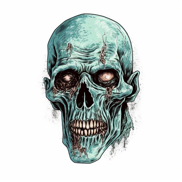 Detailed Zombie Skull Illustration In Light Cyan And Bronze