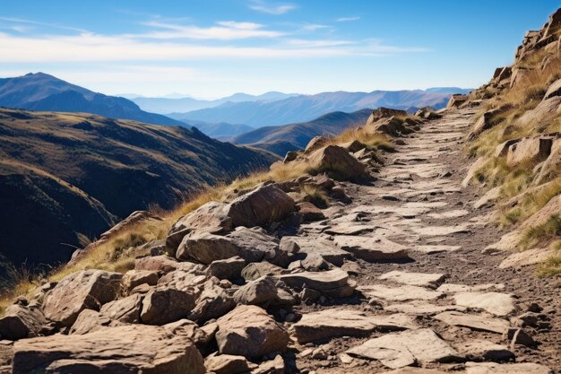 Detailfoto van een rotsachtig wandelpad met verre bergen