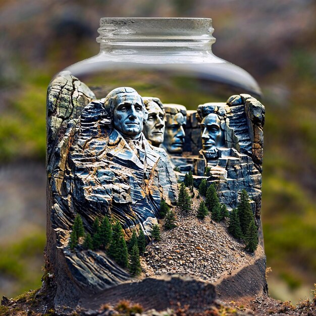 Detailleerde replica van de berg Rushmore van stenen reuzen die de grootsheid van in de rots gebeeldhouwde beeldhouwwerken vastleggen