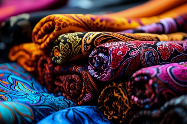 Detailoriented imagery of paisley patterns displayed on a variety of textiles