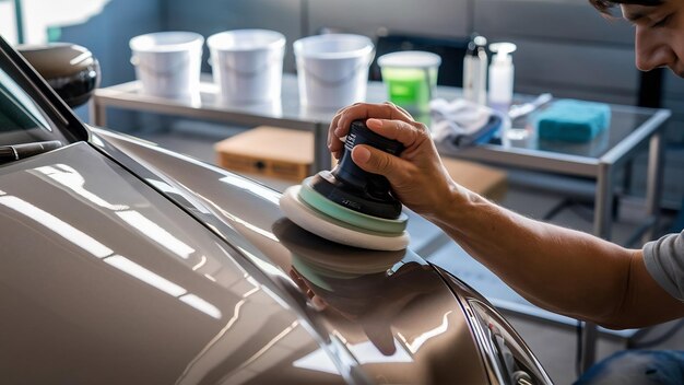 Foto detailpolijsten van de auto voorbereiding van het oppervlak van de auto voordat de keramiek wordt bekleed