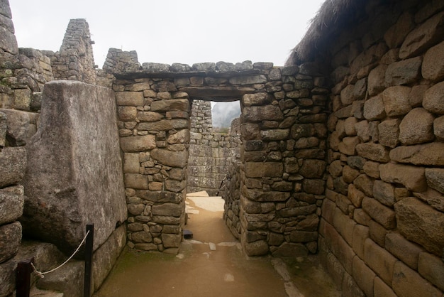 Details of the ancient Inca citadel of the city of Machu Picchu in the Sacred Valley of Peru.