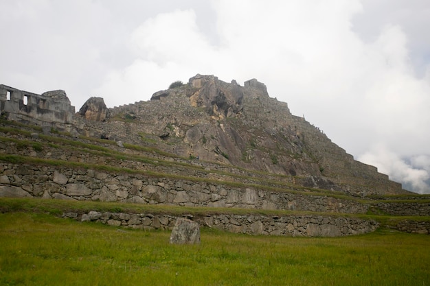 Details of the ancient Inca citadel of the city of Machu Picchu in the Sacred Valley of Peru.