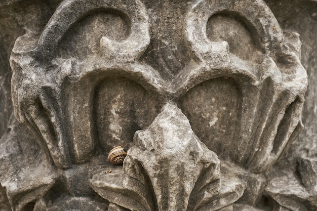 Details of the capital of the columns on the ruins of a Greek temple with a beautiful marble carving the history and heritage of ancient civilizations in the Aegean region of Turkey vacation travel