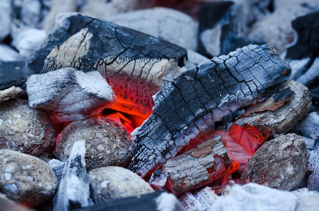 Details of charcoal for barbecue at picnic abstract background closeup