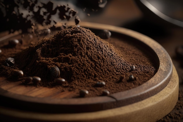 Details of coffee grounds in a wooden dish up close