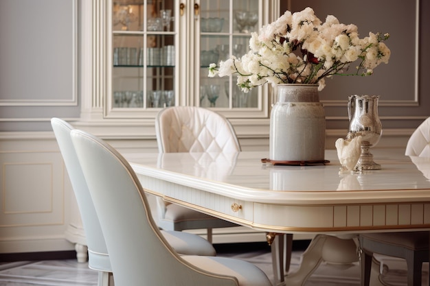 Details of the elegant classic dining room with luxury furniture and tableware