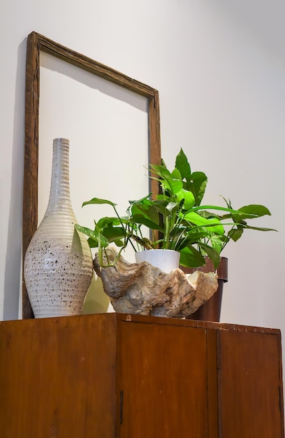 Details of interior vase made of natural seashell with plant and empty frame for loft style