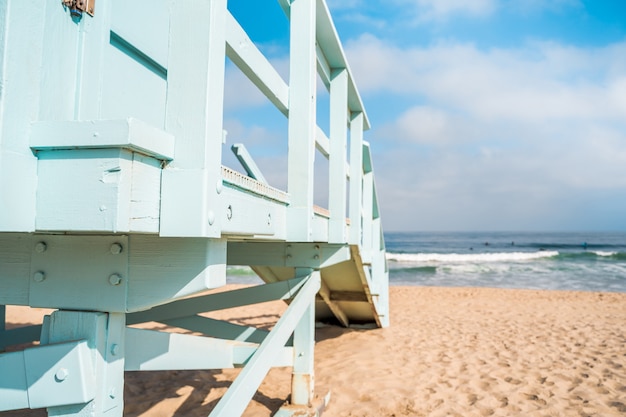 Details of the light blue lifeguard tower on Los Angeles beach