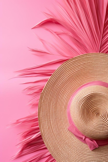 Details of a palm straw hat on pink background
