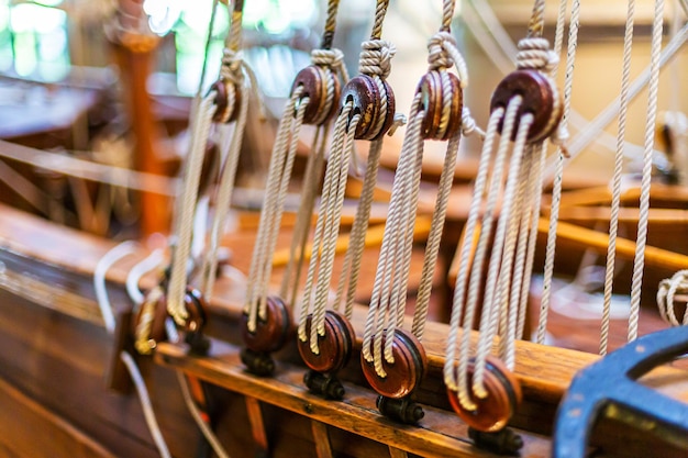 Details of a quality model of an old sailing ship made of wood