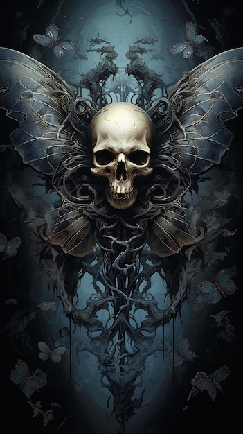 詳細、頭蓋骨、羽、頭、囲まれた頭蓋骨、黒い蝶、灰、花を描いた、枯れた服