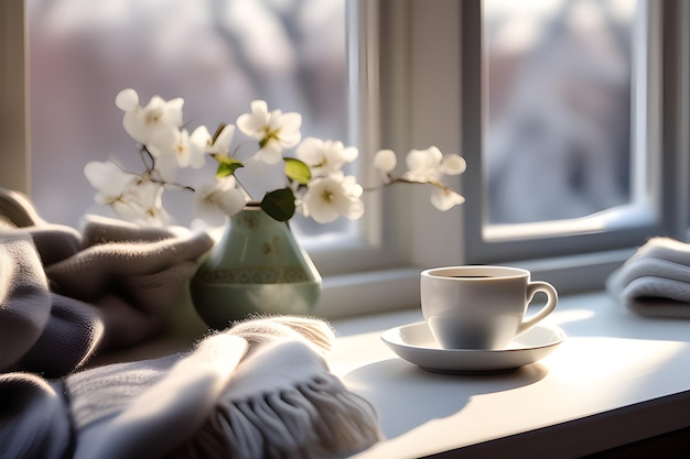 Фото Детали натюрморта в гостиной интерьер дома белая чашка кофе и шарф возле платформы ии