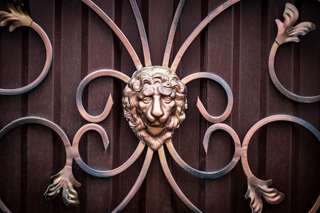 鍛造鉄門の詳細、構造、装飾品。金属製のライオンの装飾的な飾り。