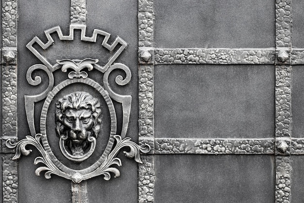 Details, structure and ornaments of forged iron gate. Decorative ornamen with lions , made from metal.