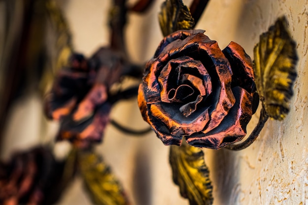 Details, structure and ornaments of forged iron gate. Decorative ornamen with roses, made from metal.