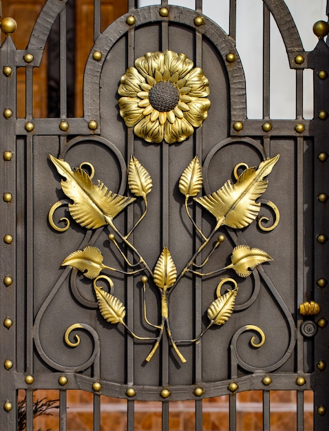 Details, structure and ornaments of forged iron gate. Floral decorative ornament, made from metal. Vintage metallic pattern. Decorative elements as a background.