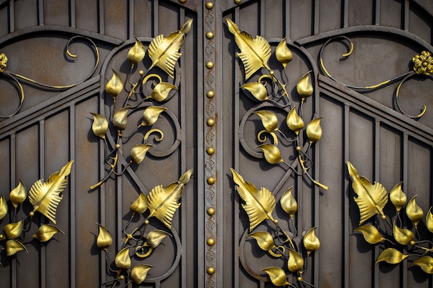 Details, structure and ornaments of forged iron gate. Floral decorative ornament, made from metal. Vintage metallic pattern. Decorative elements as a background.