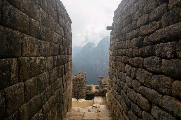 Details van de oude Inca-citadel van de stad Machu Picchu in de Heilige Vallei van Peru.