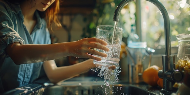 Foto dettagli di una donna che riempie un bicchiere di acqua generative ai