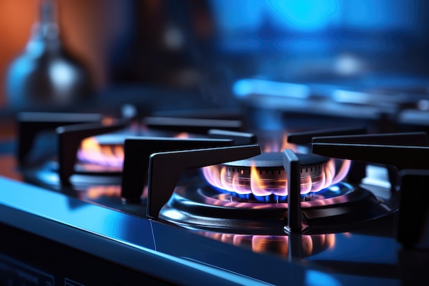 Foto detailweergave van gasfornuis met blauwe vlam aan tijdens het koken in het keukeninterieur generatieve ai