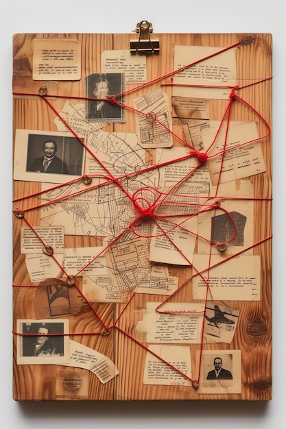 Photo detective board with paper notes united by a red thread white background