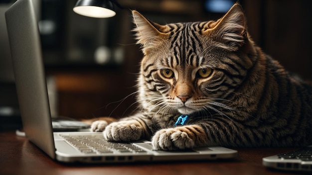A detective cat analyzing security footage on a laptop to solve a mysterious case