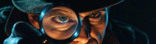 Photo detective examining through a magnifying glass intense closeup