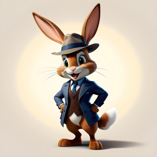 detective konijntje met hoed en jas 3d render illustratie