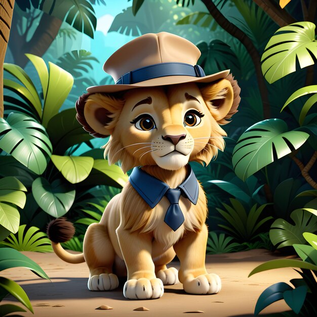 detective lion with hat and bow tie sitting on the jungle background