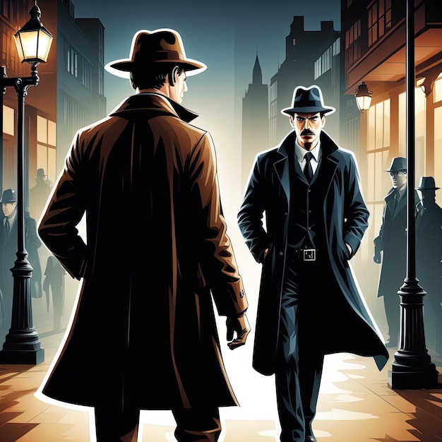 детектив в ночной сцене иллюстрациидетектив в шляпе и пальто в городе