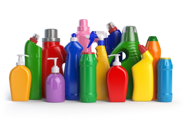 Detergent bottles Cleaning supplies isolated on white background