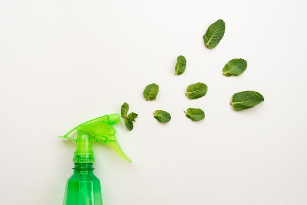 Photo detergent green bottle spray a fresh mint leaves