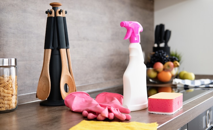 Photo detergents and cleaning accessories on kitchen. cleaning and washing kitchen. cleaning service 