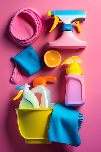 Detergents cleaning accessories rubber glove and rags for dishwashing on a pink background