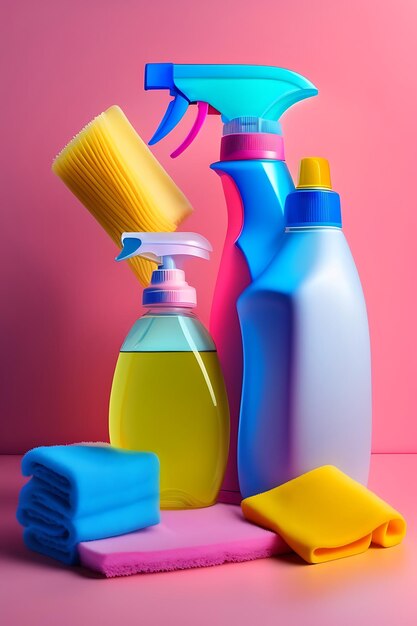 Моющие средства, чистящие принадлежности, резиновые перчатки и тряпки для мытья посуды на розовом фоне