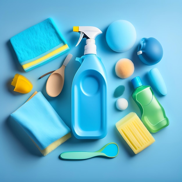 Detergents cleaning accessories rubber glove rags and sponge for dishwashing on a blue background