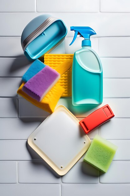 Detergents cleaning accessories rubber gloves rags and sponges for dishwashing on a white brick b