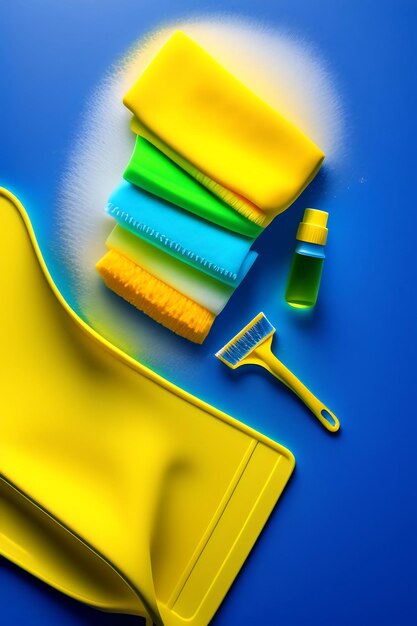 Detergents cleaning accessories yellow rubber glove on a blue background