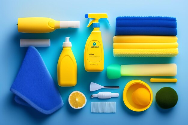 Detergents cleaning accessories yellow rubber glove on a blue background