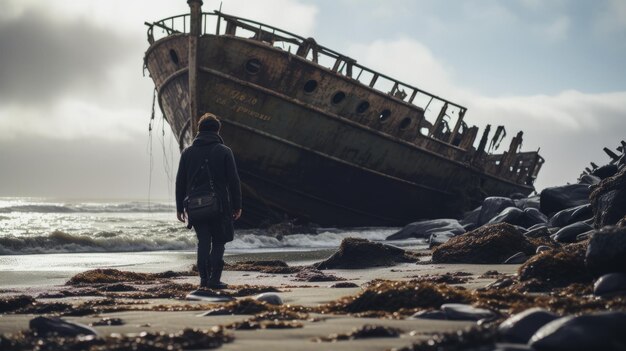 Foto ritratti deteriorati che rivelano significati nascosti in una nave abbandonata in riva al mare