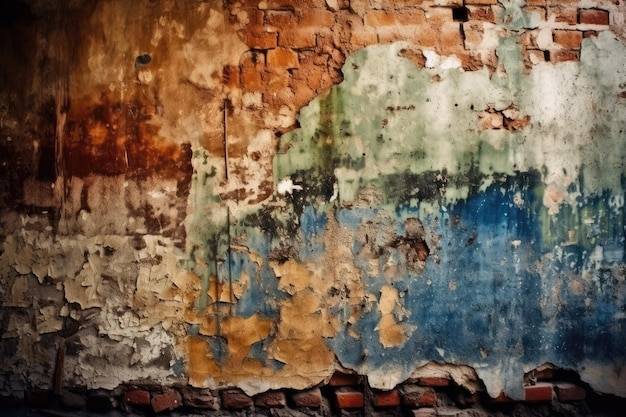 Deteriorating brick wall with peeling paint Generative AI