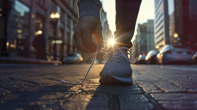 Determination and focus A young woman ties her running shoes in the early morning light